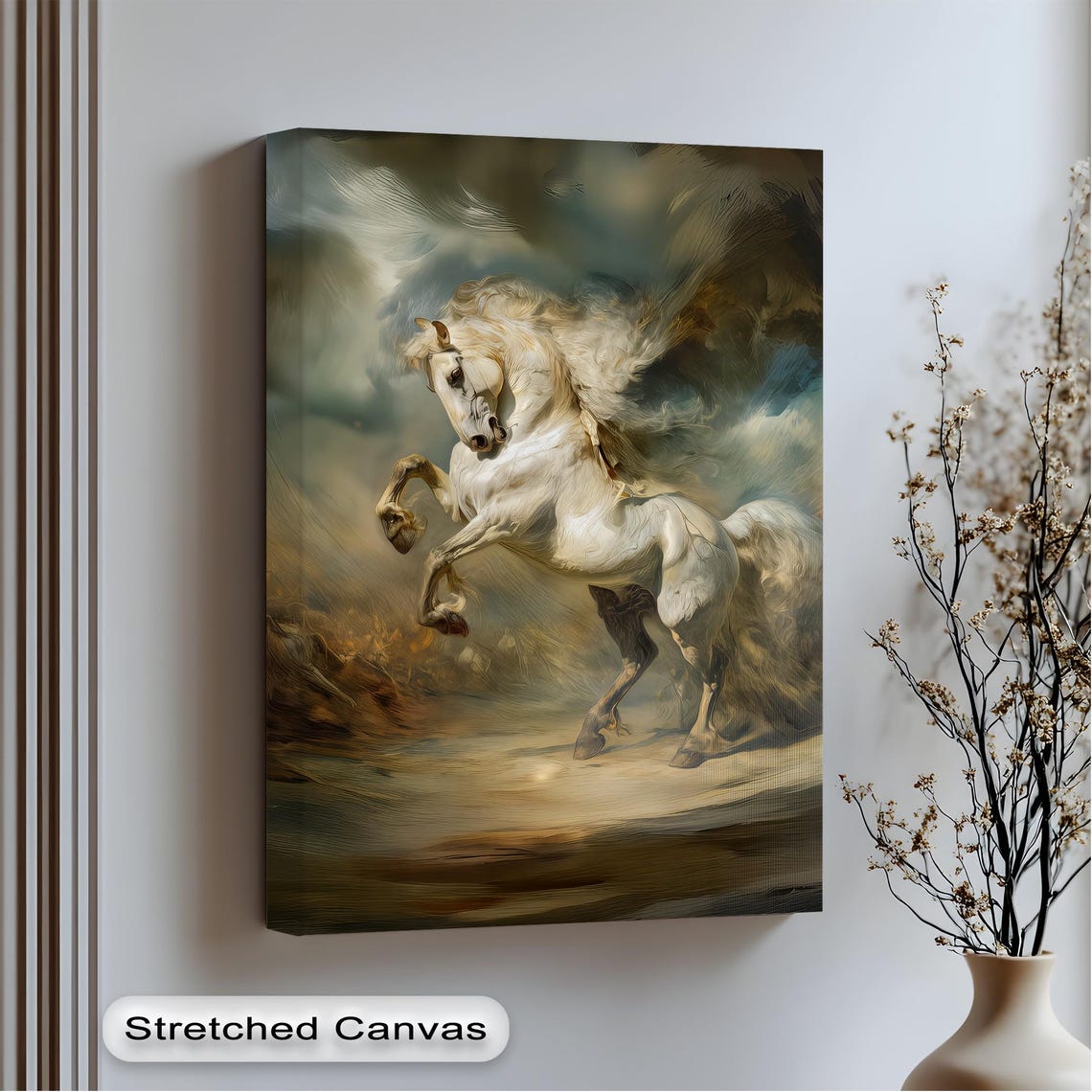 White Stallion Rearing Dreamy Painterly Swirls Ethereal Horse Poster
