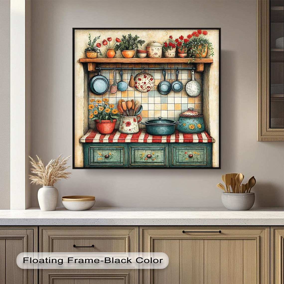Cozy Farmhouse Kitchen Scene Pots Pans Floral Illustration Poster