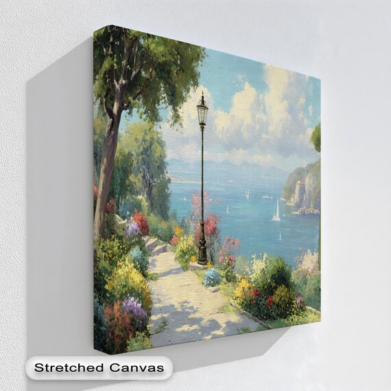 Mediterranean Coastal Garden Sea View Floral Painting Wall Art