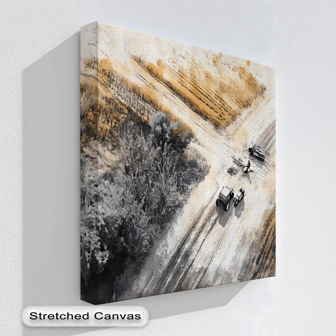 Aerial Harvest Scene Tractors Golden Fields Rustic Farmland Print