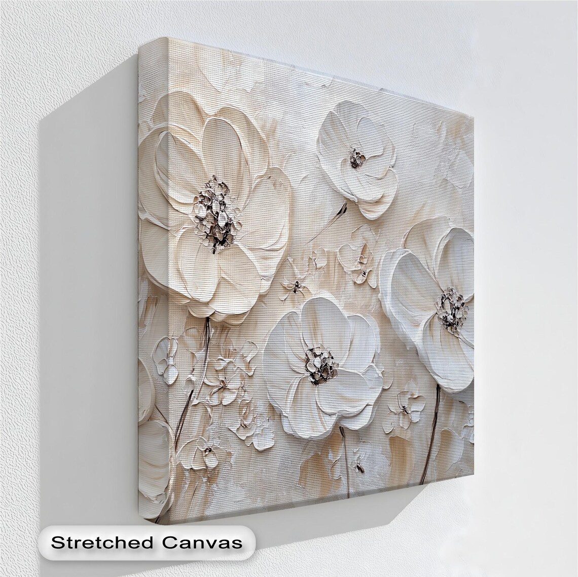 Cream Textured Impasto Floral Blooms Elegant Neutral Canvas Poster