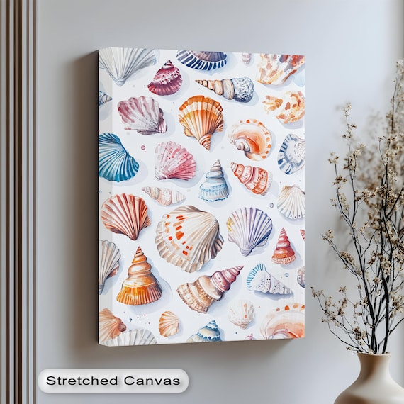 Watercolor Seashell Pattern Conch Scallop Coastal Art Decor Print