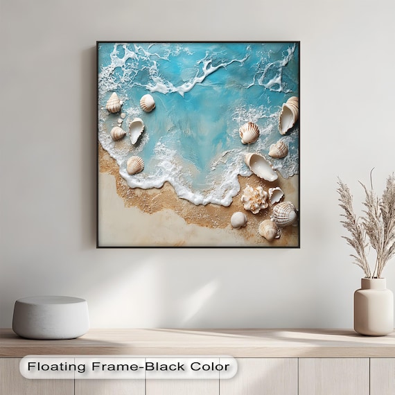 Aerial Ocean Wave Seashells Turquoise Shore Foamy Surf Coastal Art Poster