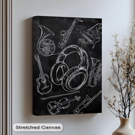 Chalkboard Music Instruments Sketch Headphones Saxophone Art Poster