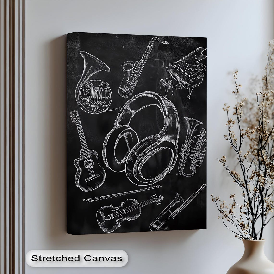 Chalkboard Music Instruments Sketch Headphones Saxophone Art Poster