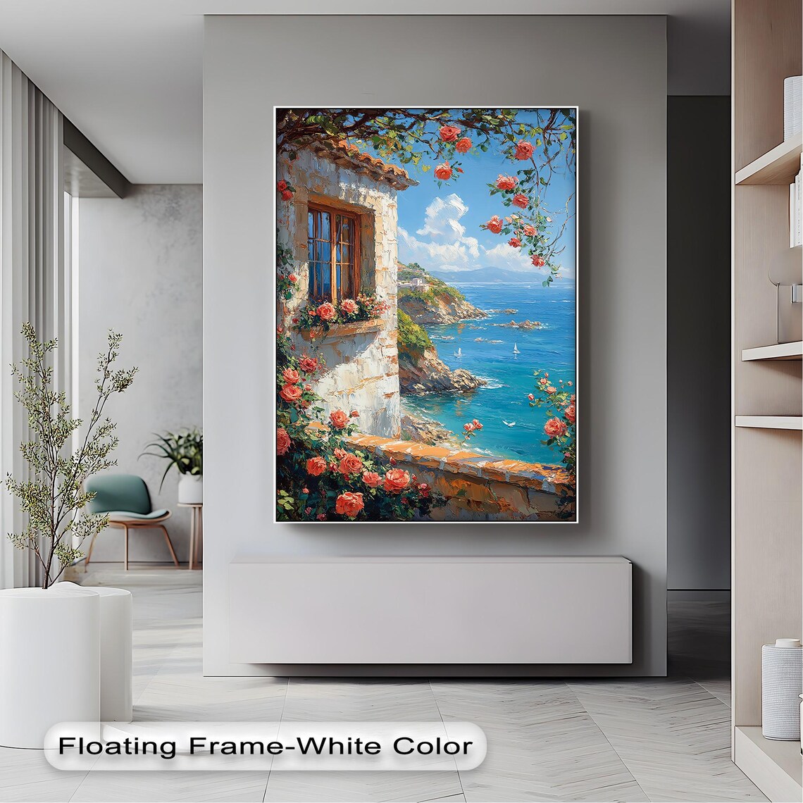 Coastal Villa Window Overlooking Sea Blooming Roses Mediterranean Wall Art