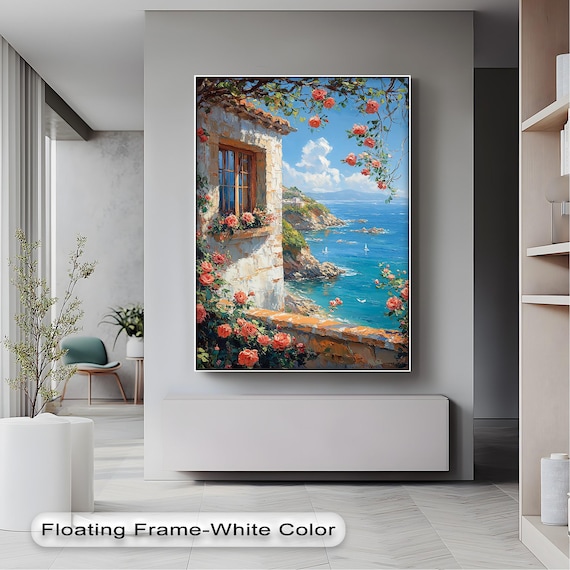 Coastal Villa Window Overlooking Sea Blooming Roses Mediterranean Wall Art