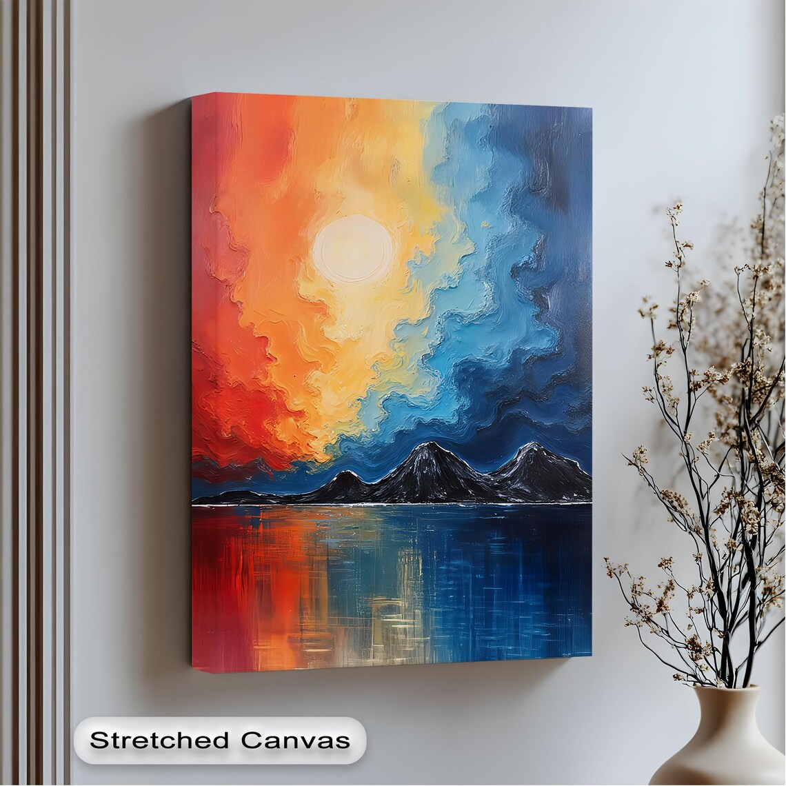 Vibrant Sunset Lake Canvas Wall Art Abstract Landscape Prints Silver Framed Artwork
