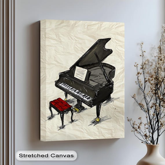 Vintage Grand Piano Sketch Art Music Room Decor