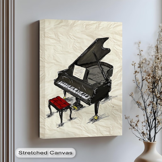Vintage Grand Piano Sketch Music Room Decor Crumpled Paper Art Poster