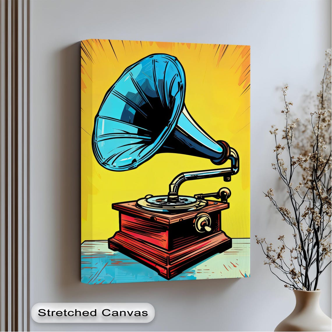 Retro Blue Gramophone Bold Yellow Pop Art Vintage Music Poster