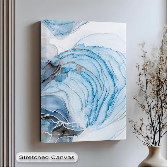 Deep Blue White Abstract Fluid Ink Swirl Ocean Modern Art Poster
