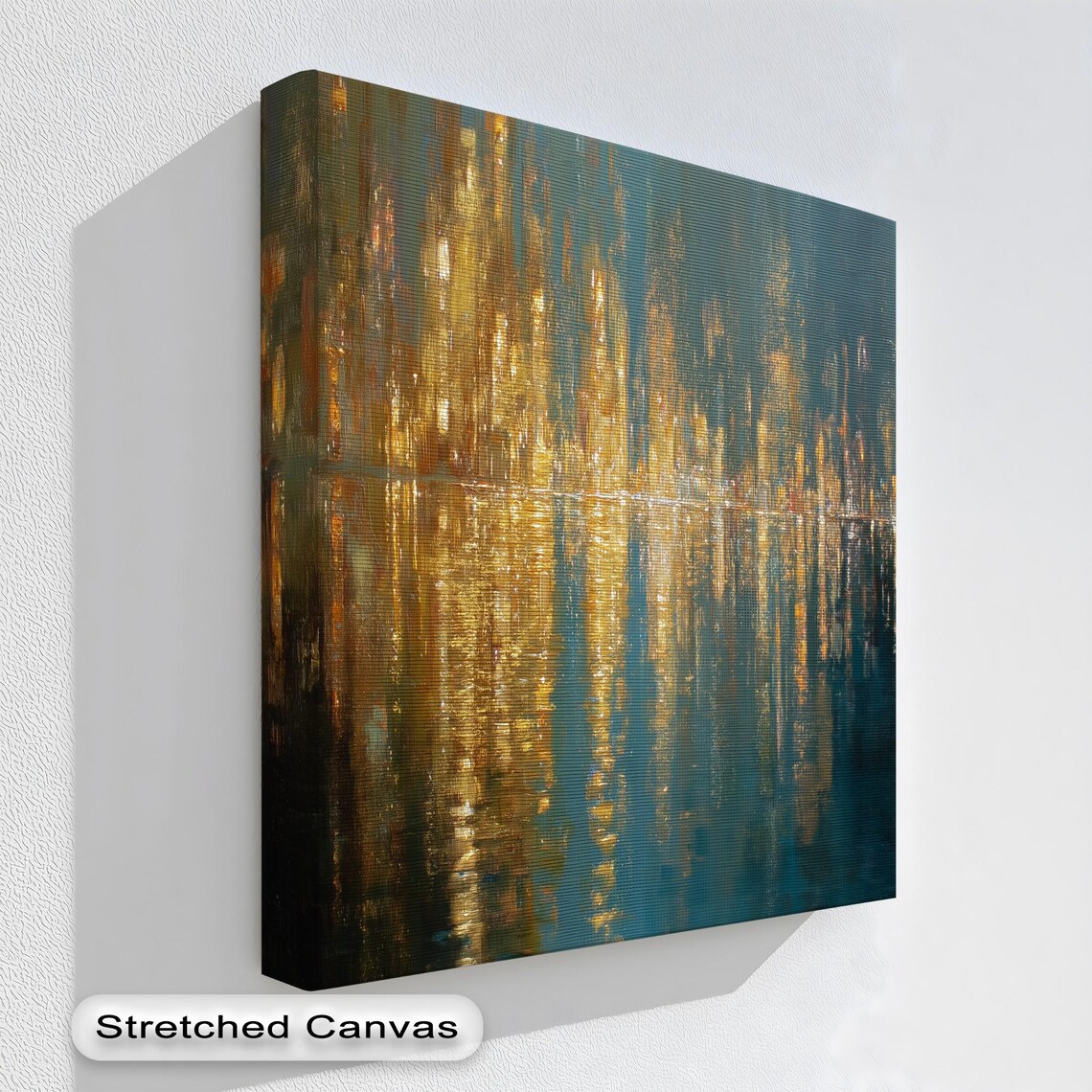 Blue Gold Abstract Cityscape Canvas Art Natural Floating Frame