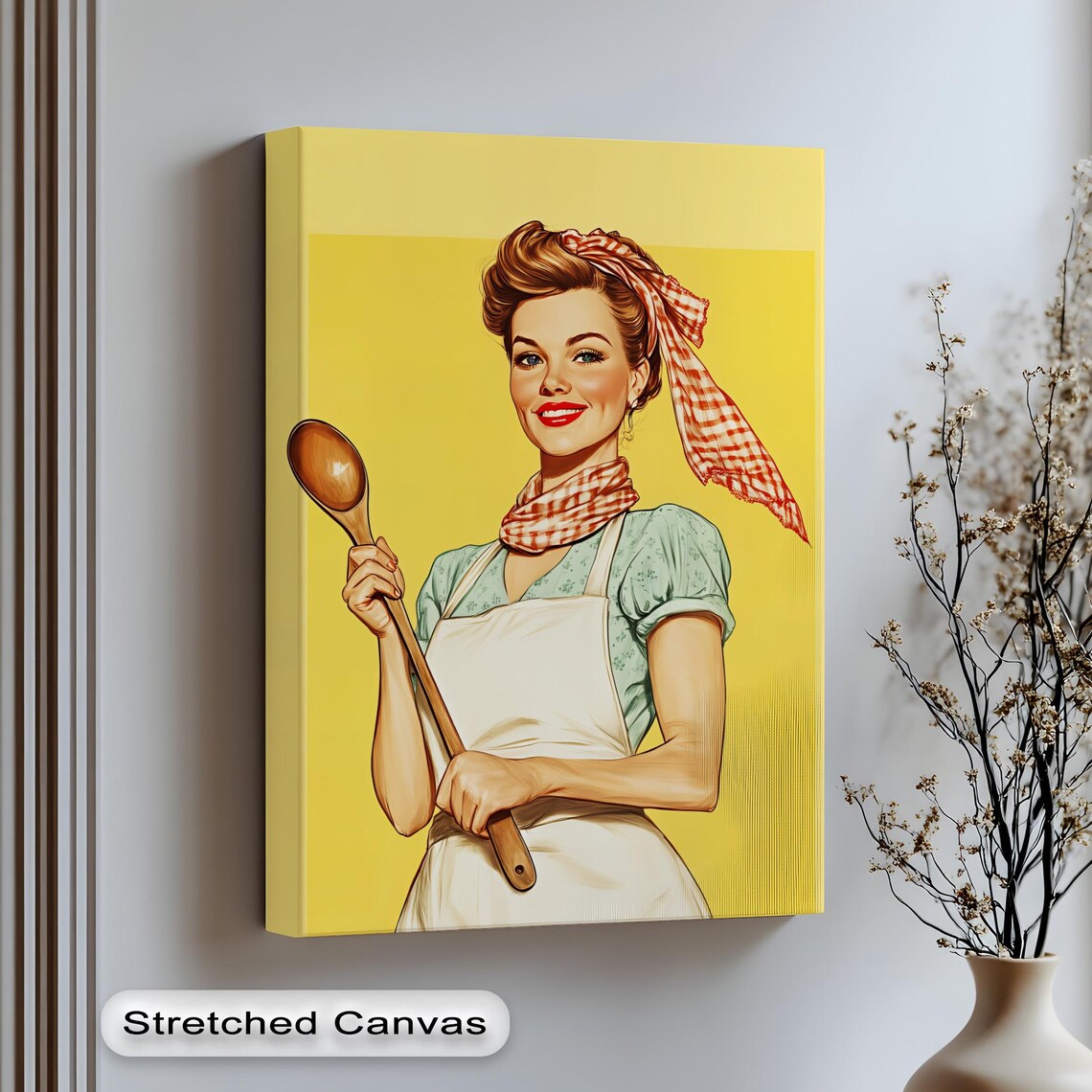 Retro 1950s Pinup Kitchen Woman Wooden Spoon Yellow Vintage Art Poster