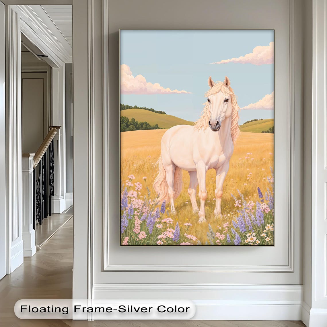 White Horse in Golden Flower Meadow Peaceful Equestrian Art Poster