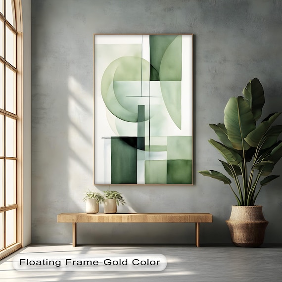 Green Geometric Wall Art Modern Abstract Canvas Print With Black Frame