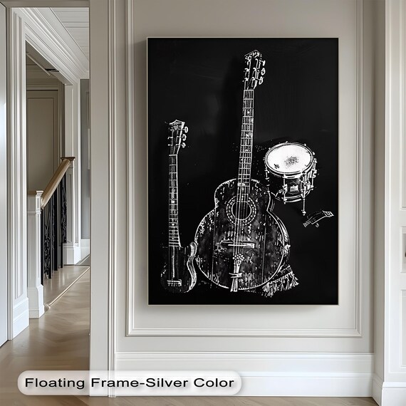 Guitars And Drum White Chalk On Black Music Instrument Study Poster