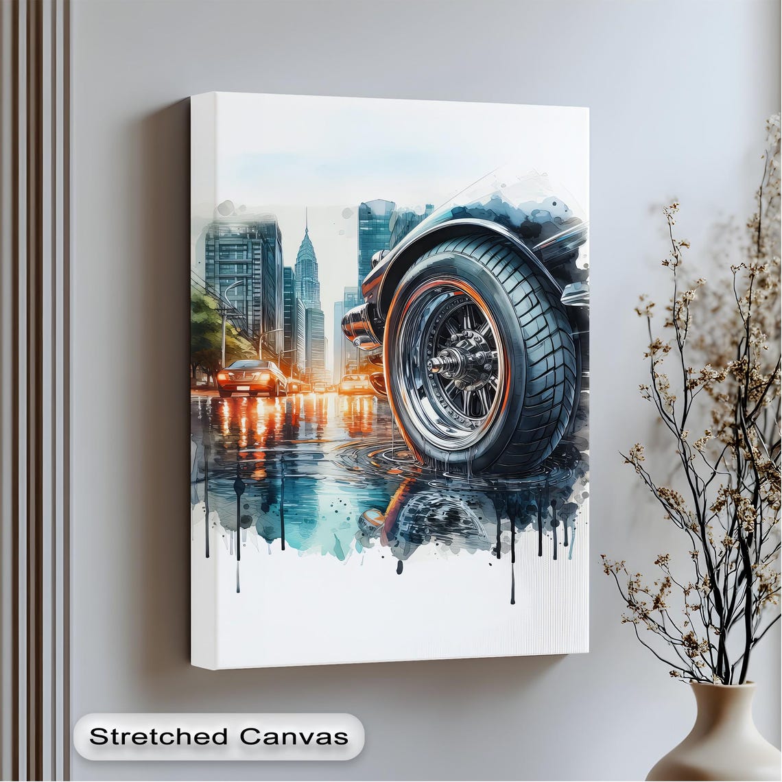 Classic Car Chrome Wheel City Night Wet Street Canvas Wall Art