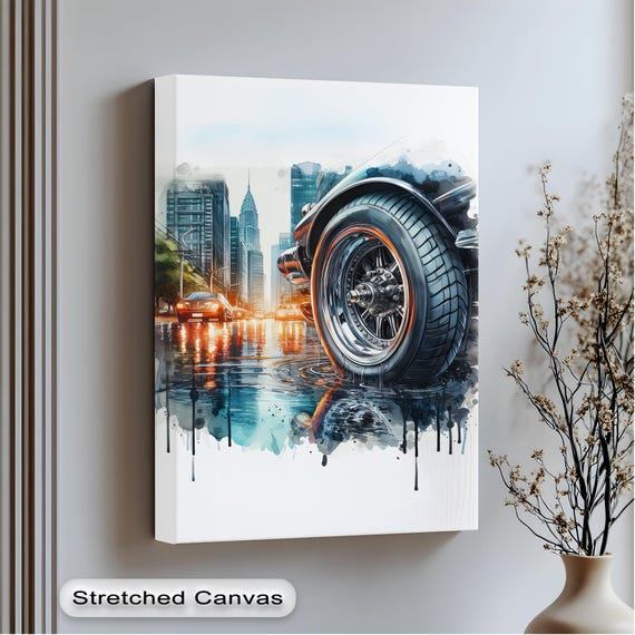 Classic Car Cityscape Art Print Chrome Detail Skyscraper Skyline
