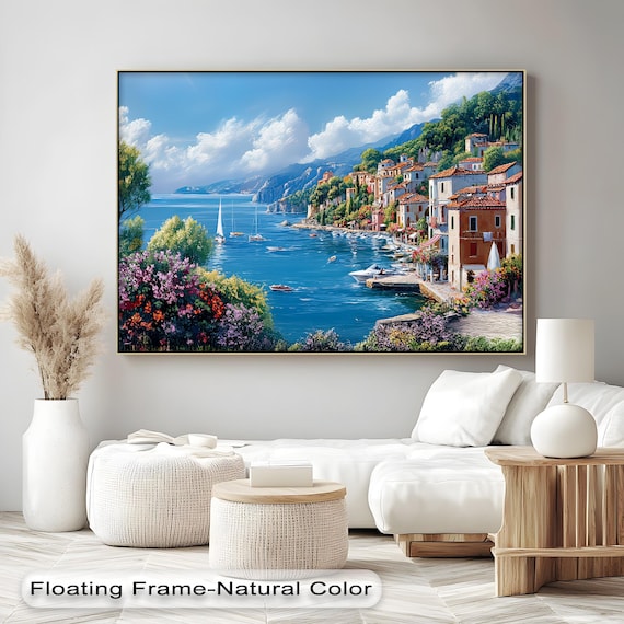 Mediterranean Coastal Village Seaside Painting Boats Floral Poster