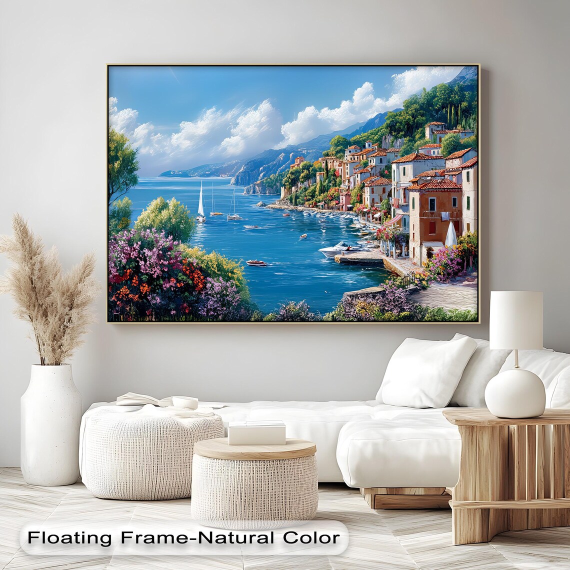 Mediterranean Coastal Village Seaside Painting Boats Floral Poster