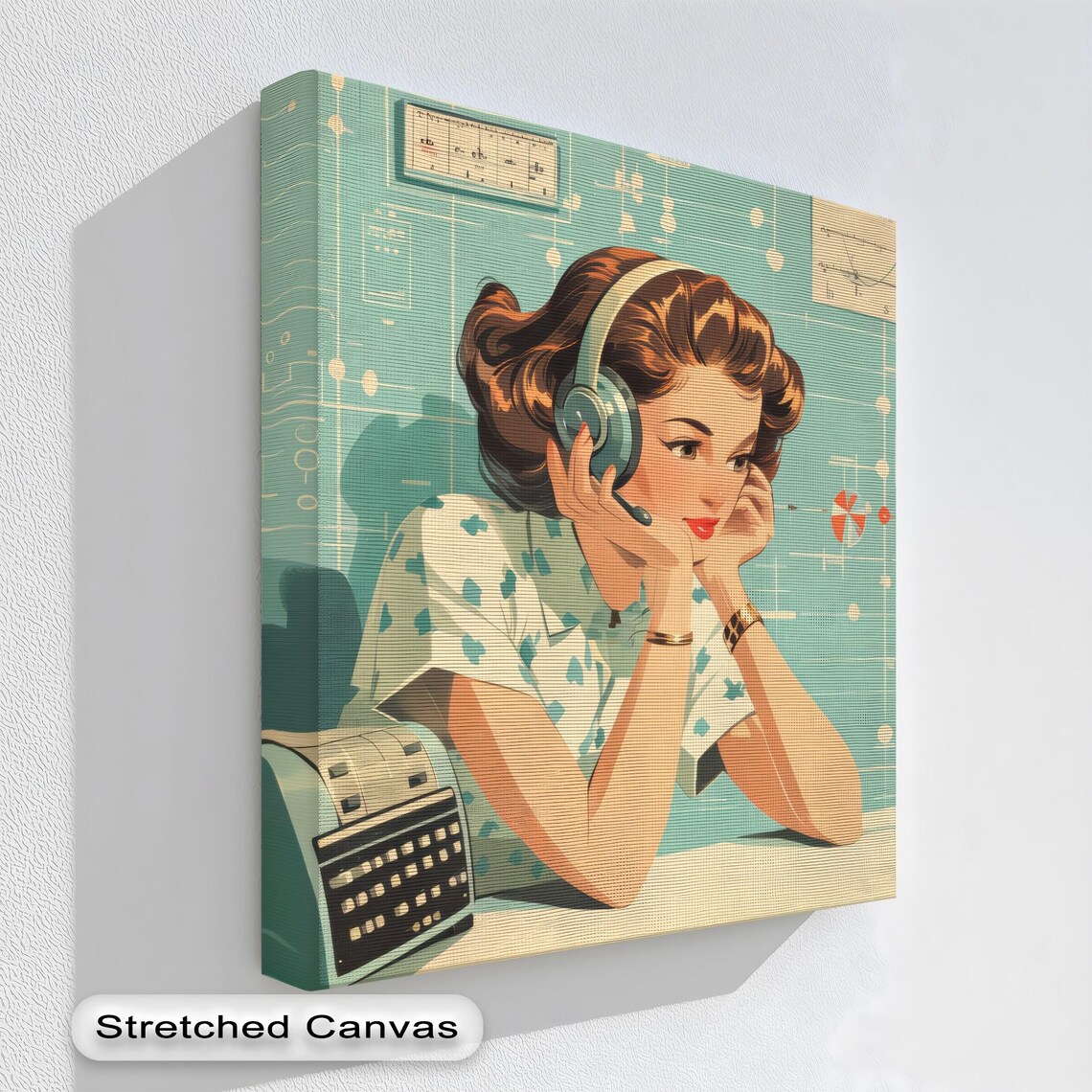 Retro Woman With Headset Canvas Art Midcentury Office Decor