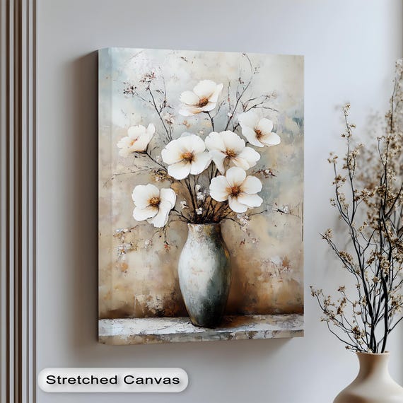 White Floral Vase Canvas Art Neutral Botanical Painting
