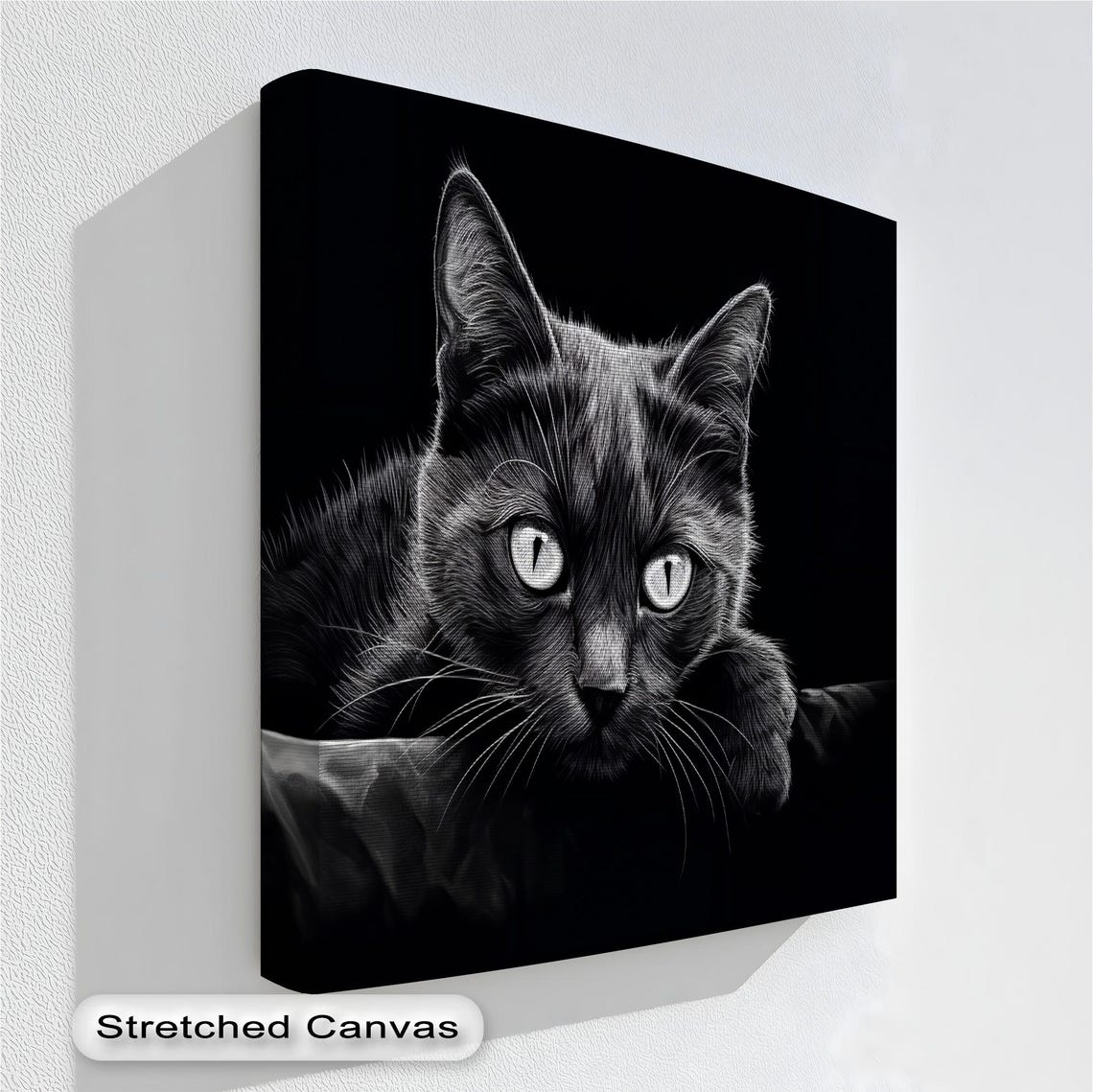 Black Cat Monochrome Scratchboard Style Pet Portrait Night Poster