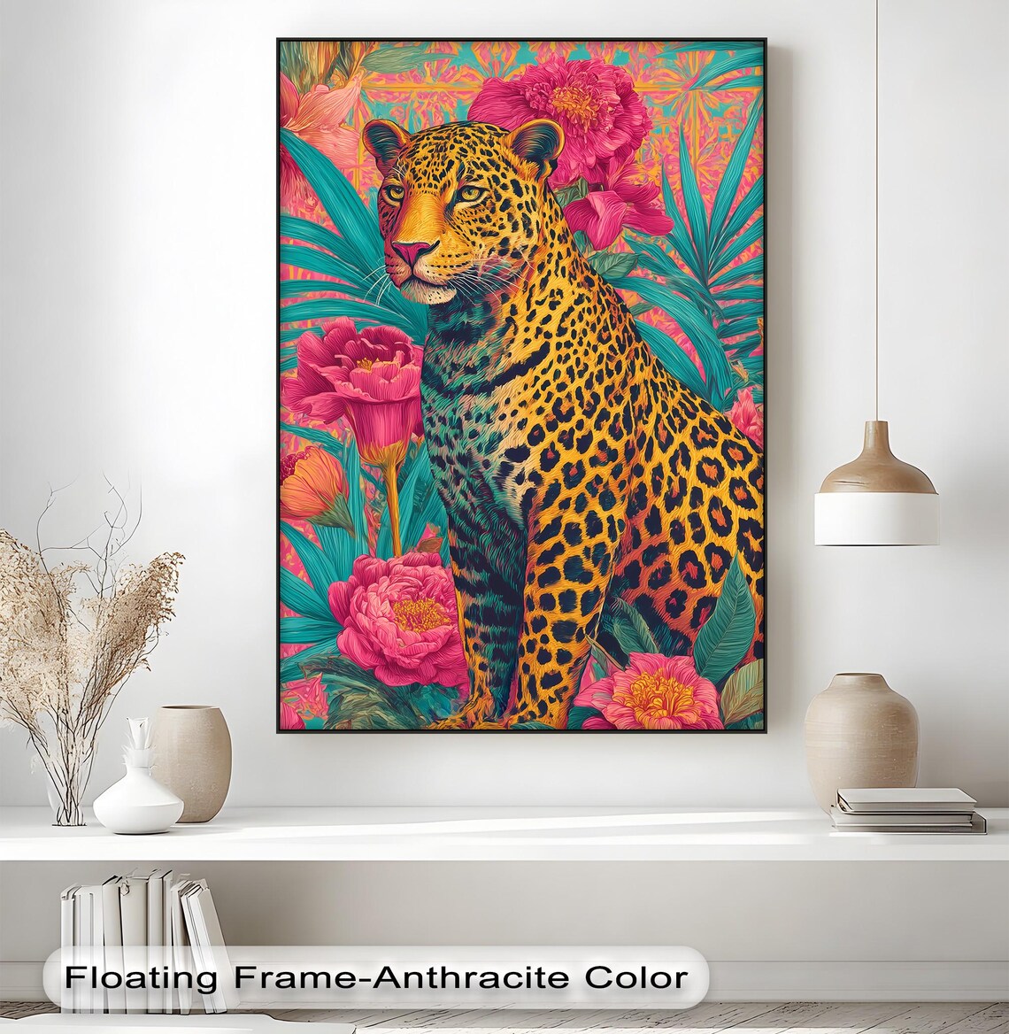 Tropical Leopard Canvas Art Gold Frame Jungle Floral Print