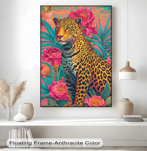 Tropical Leopard Canvas Art Gold Frame Jungle Floral Print