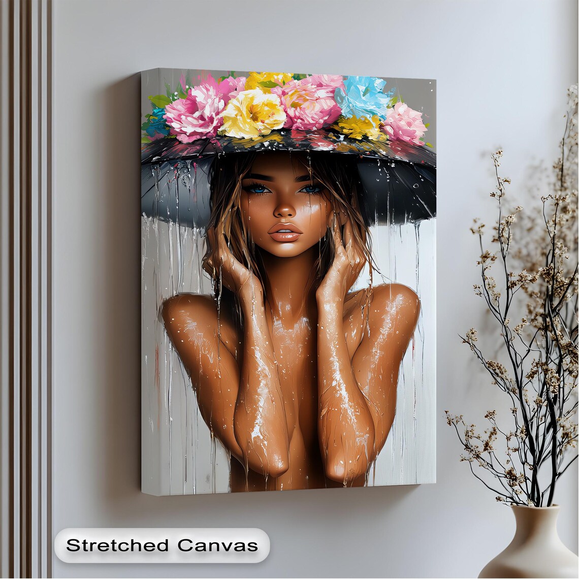 Woman With Flower Crown in the Rain Elegant Colorful Canvas Art Print