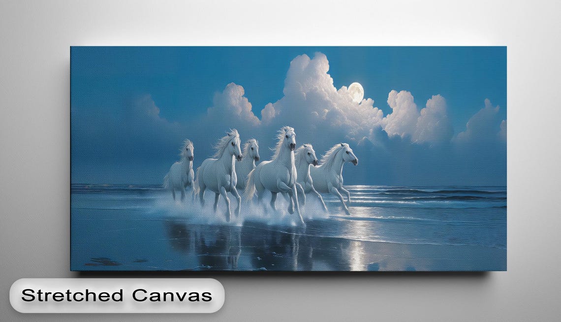White Horses Galloping Through Moonlit Ocean Surf At Night Wall Art
