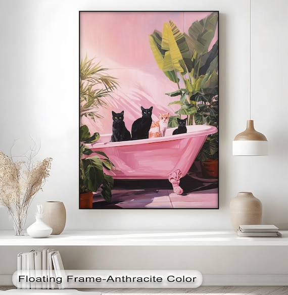 Cats In Pink Bathtub Tropical Plants Funny Four Kitties Bathroom Art Poster