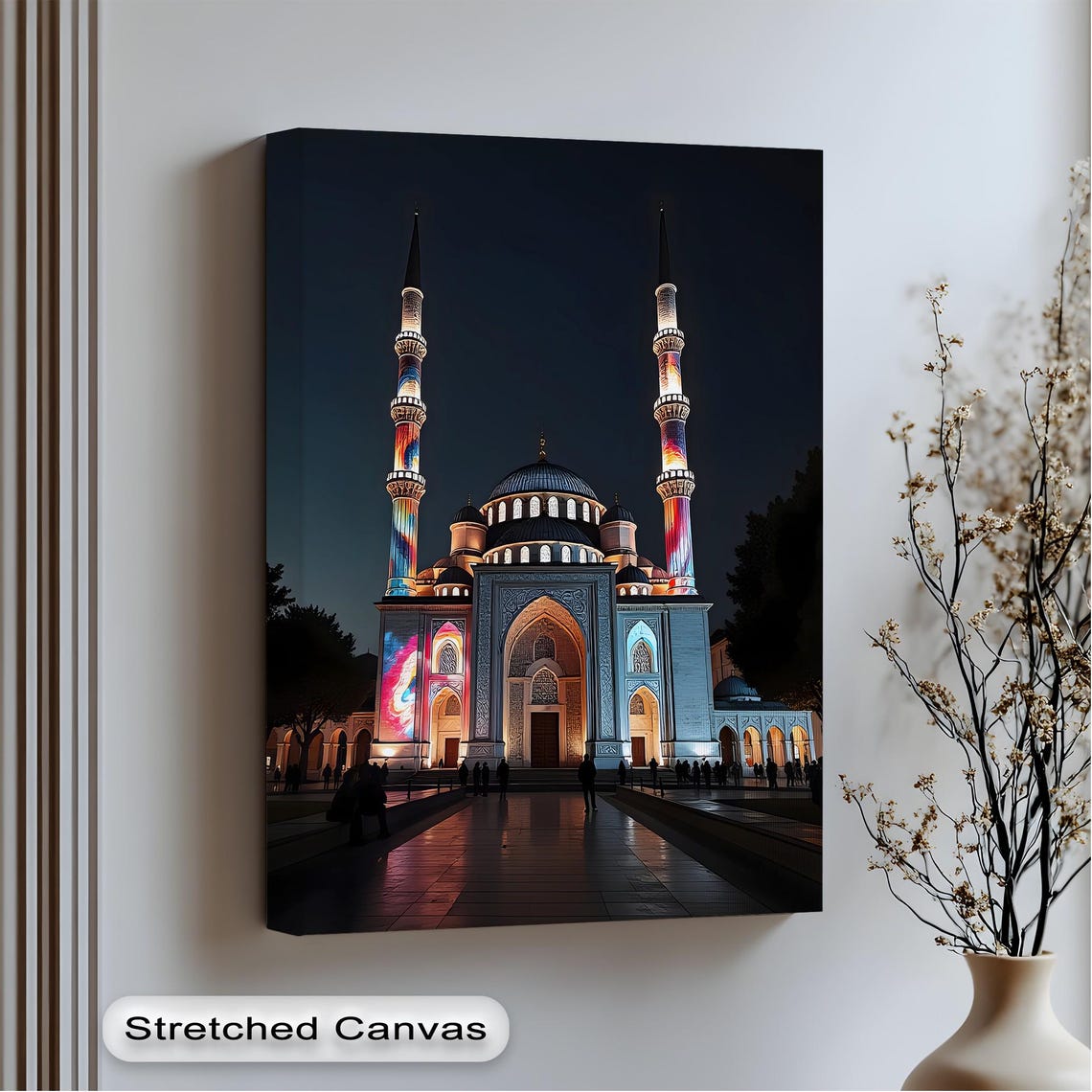 Illuminated Grand Mosque At Night Twin Minarets Light Art Poster