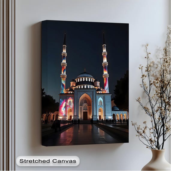Illuminated Mosque Canvas Wall Art Gold Frame Islamic Architecture Prints