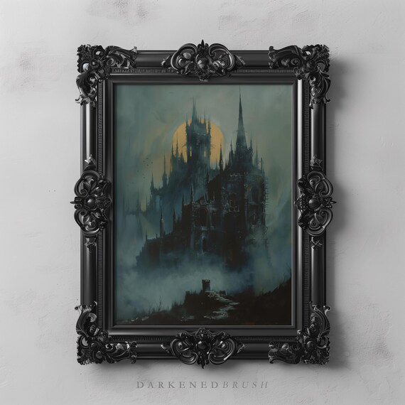 Gothic Castle In Misty Moonlight Dark Academia Wall Art Moody Decor Fantasy Print Dracula Halloween