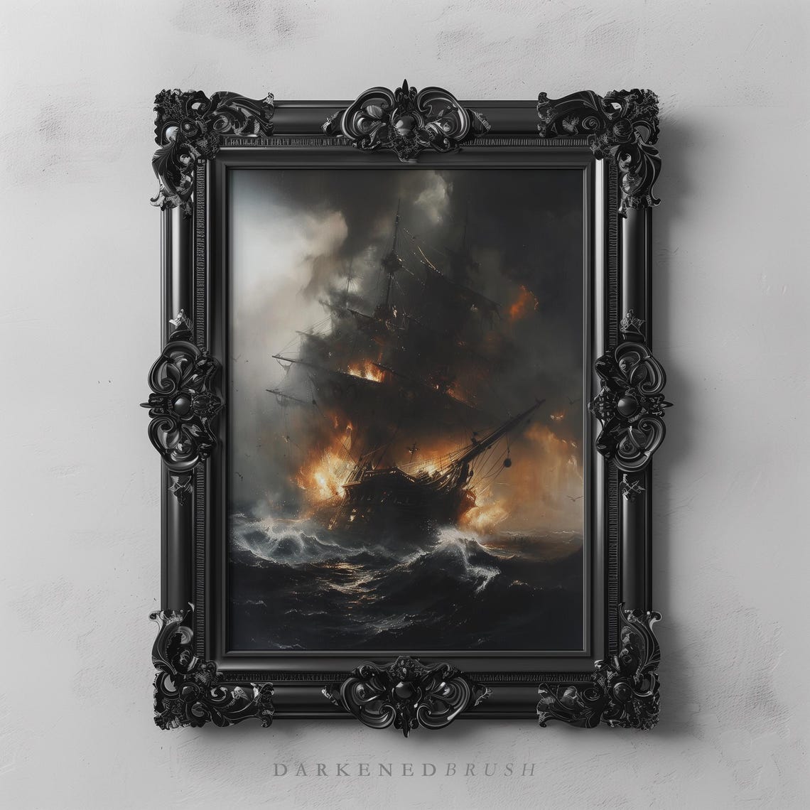 Fiery Ship At Sea Art Dark Nautical Wall Decor Ocean Painting Coastal Gothic Academia Print Pirate