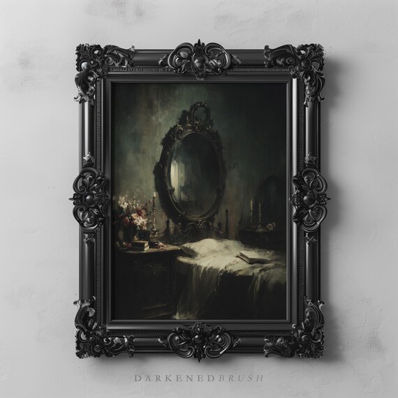 Gothic Ornate Mirror Vanity Over Victorian Bed Vintage Moody Dark Romantic Academia Still Life Oil Painting Art Decor 345
