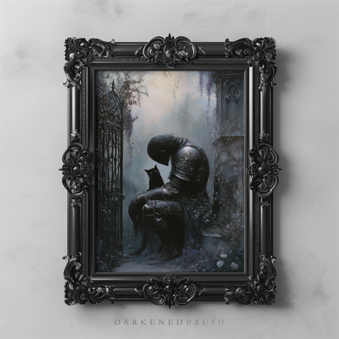 Gothic Knight With Black Cat in Moonlit Garden Dark Academia Poster