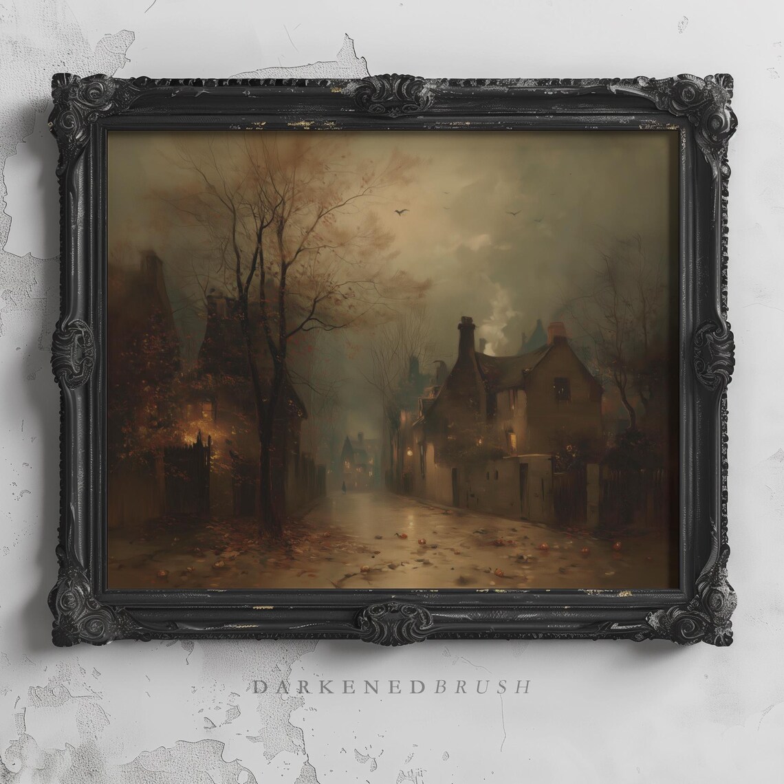 Foggy Autumn Village Street Wet Road Vintage Oil Painting Moody Poster