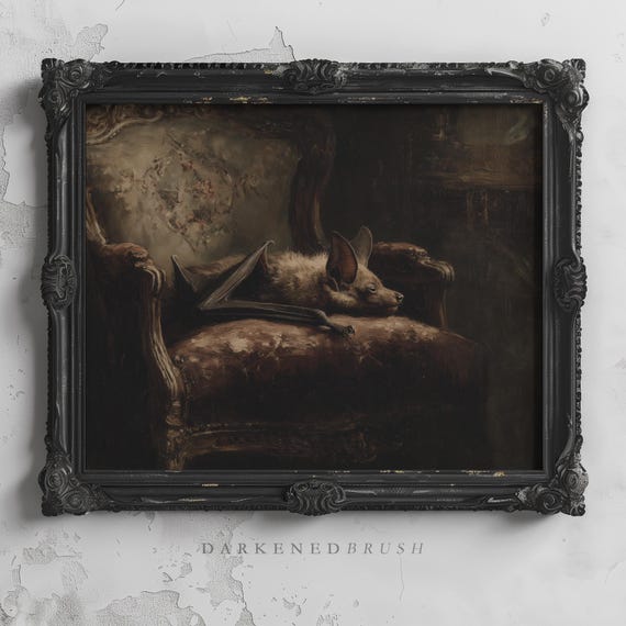 Vampire Bat on Victorian Sofa, Gothic Vintage Poster