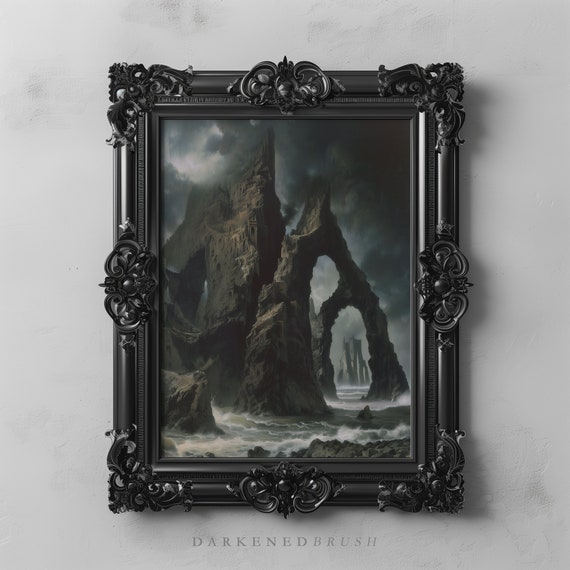 Gothic Seascape With Ruins Dark Landscape Art Coastal Ocean Nautical Wall Vintage Rustic Decor Sea
