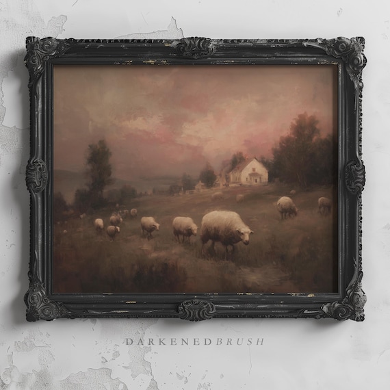 Sheep Grazing by Country Chapel at Dusk Pastoral Landscape Print