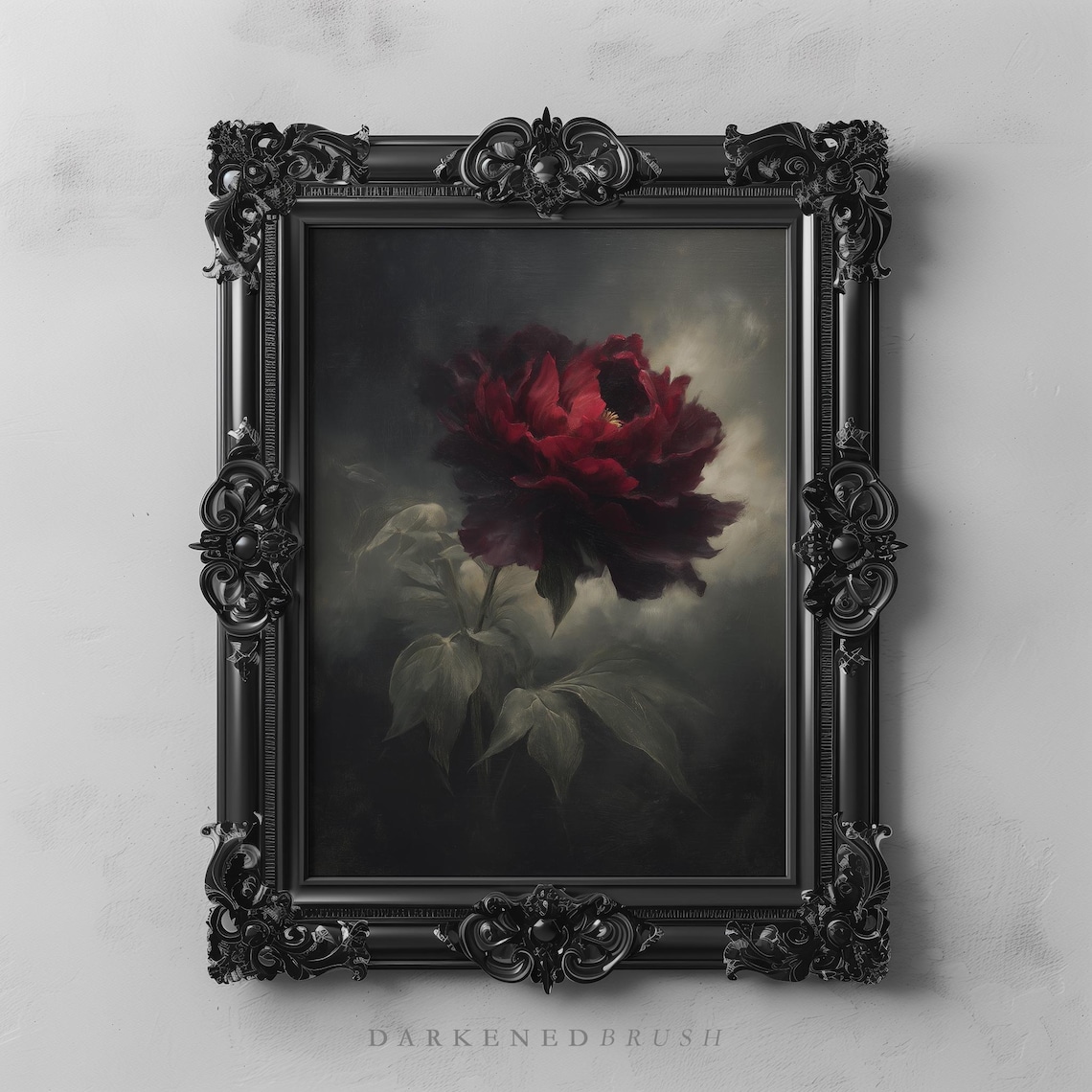 Dark Moody Crimson Peony Gothic Botanical Oil Painting Floral Wall Art