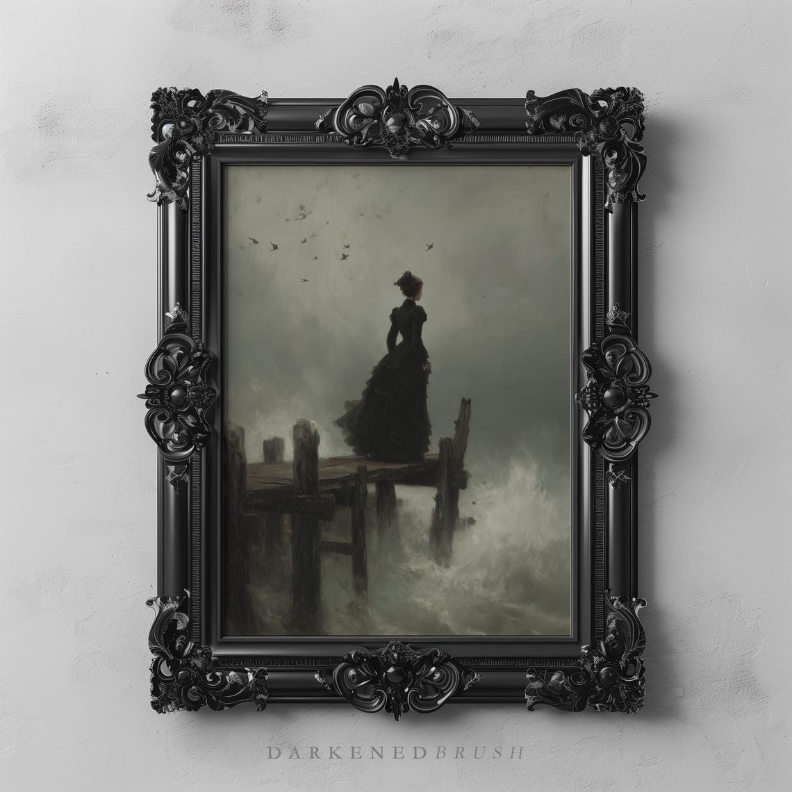 Victorian Woman Stormy Pier Gothic Dark Academia Ocean Wall Art