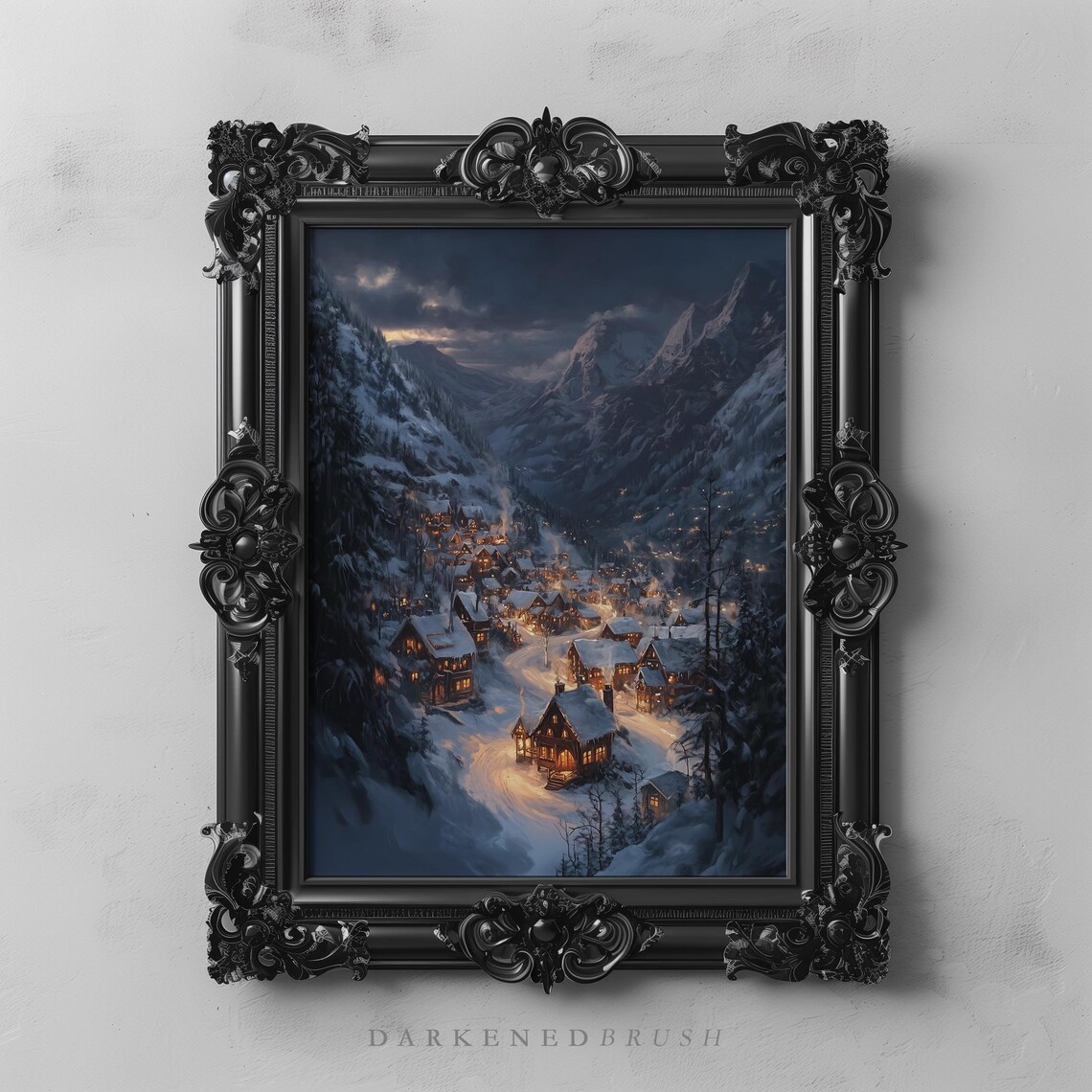Snowy Mountain Christmas Village Glowing At Night In Winter Wall Art