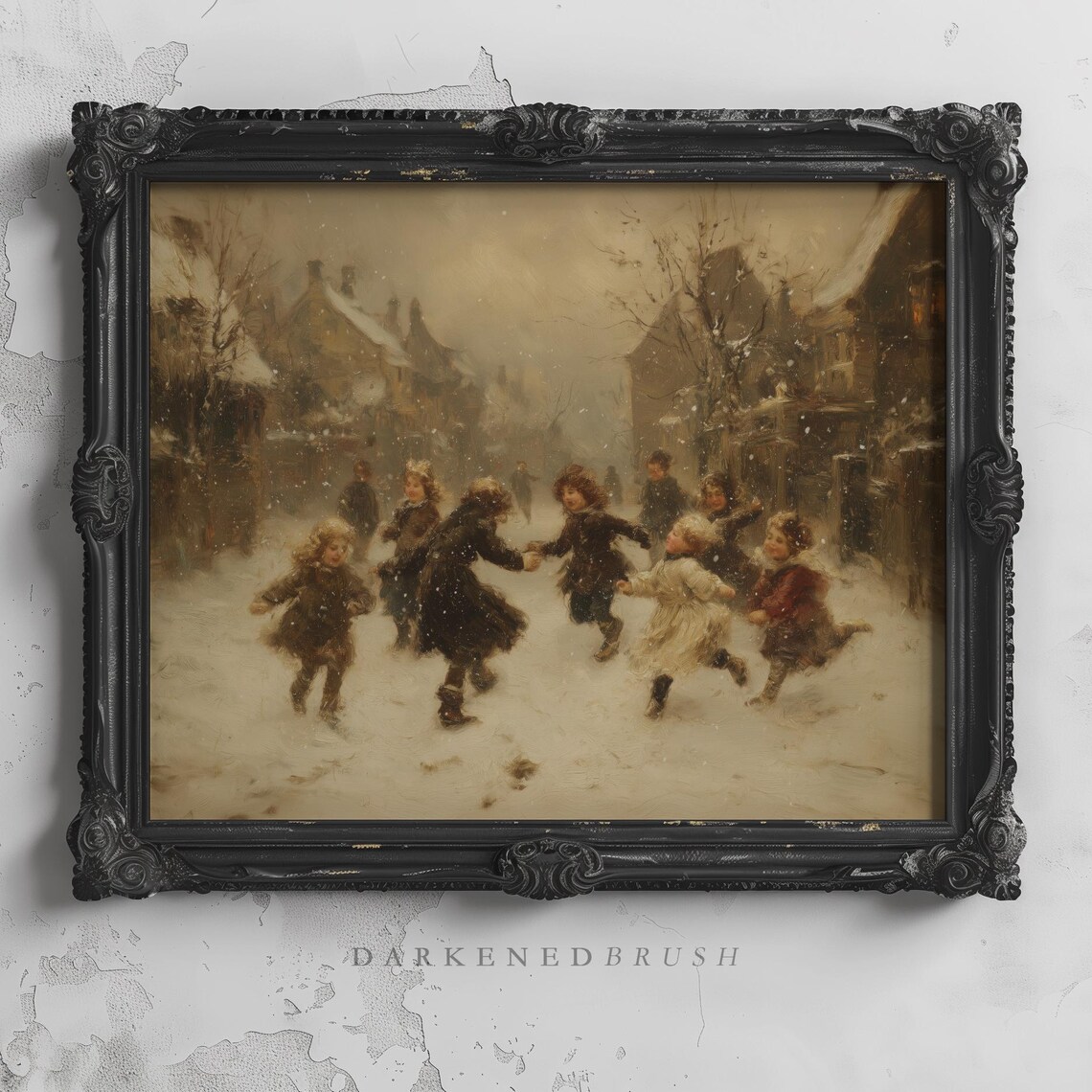 Victorian Children Dancing In Snow Vintage Winter Street Oil Painting Poster