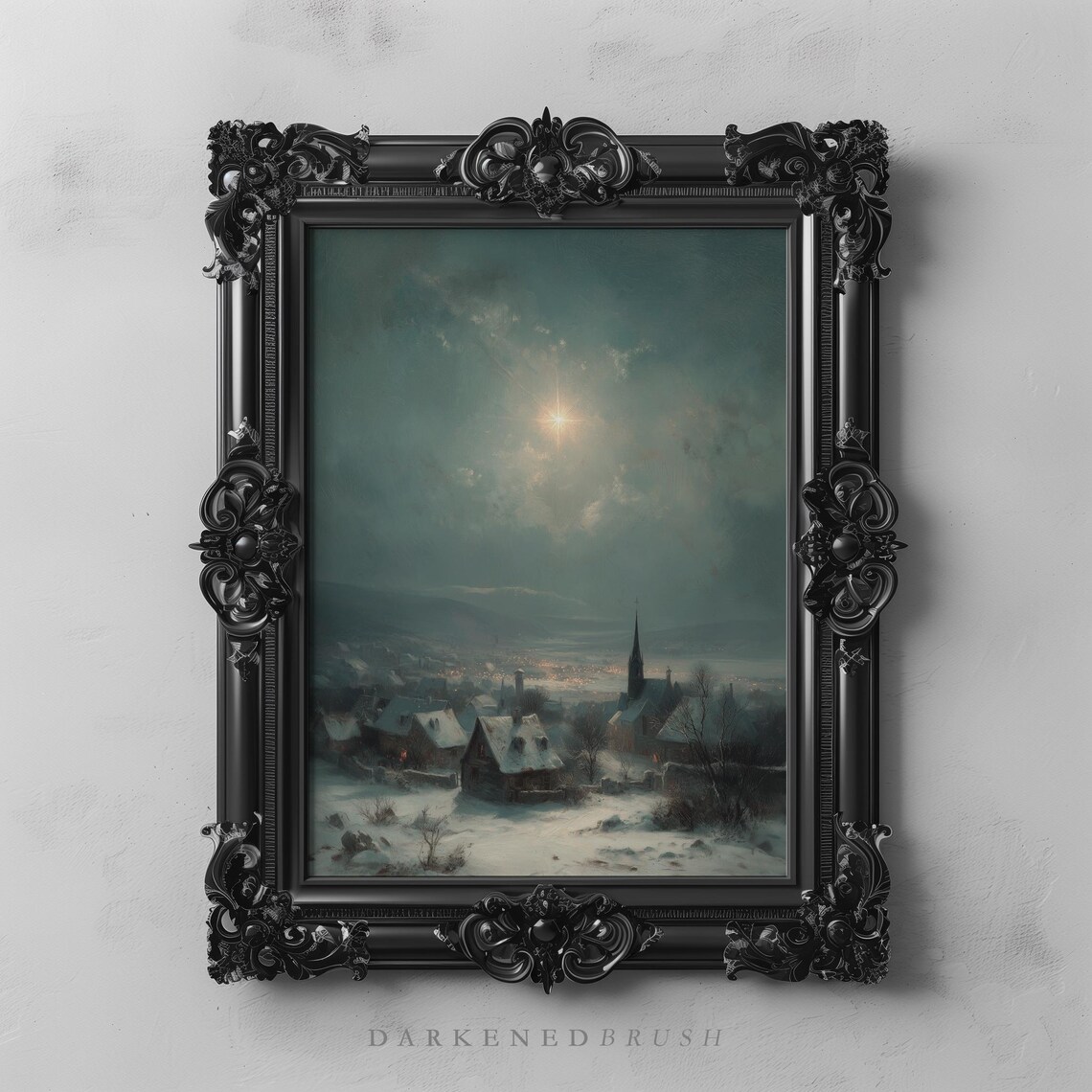 Snowy Village Night Moonlight Church Steeple Dark Moody Winter Poster