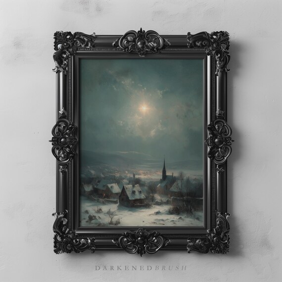 Snowy Village Night Moonlight Church Steeple Dark Moody Winter Poster