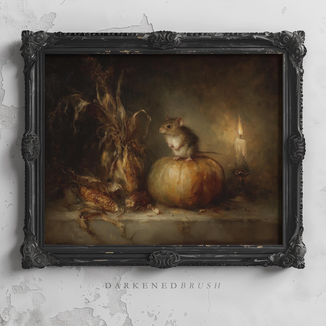 Mouse On A Pumpkin Autumn Harvest Still Life Candle Vintage Art Poster